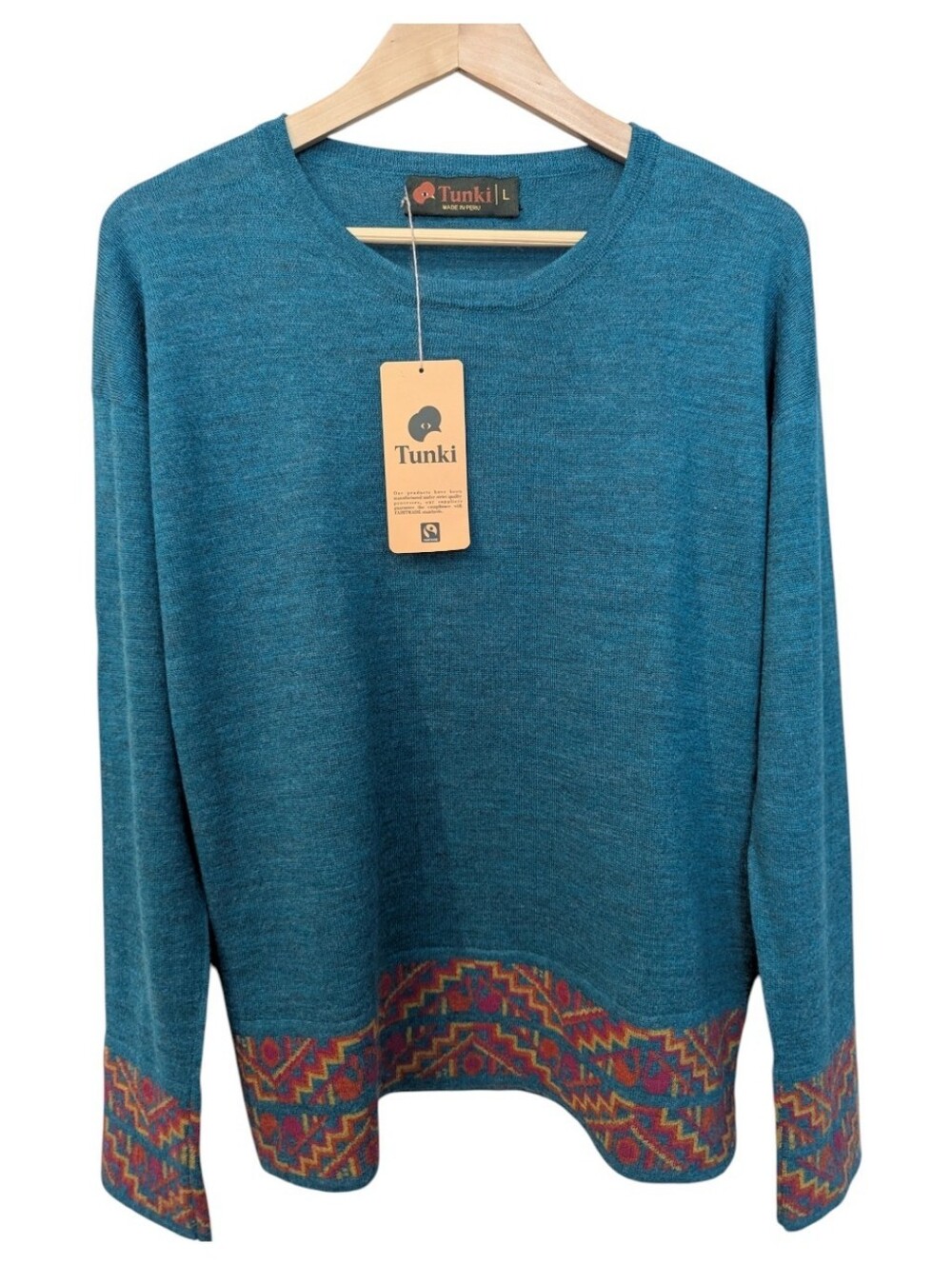 TUNKI Teal 100% Baby Alpaca Knit Sweater with Multicolor Accent Handmade In Peru